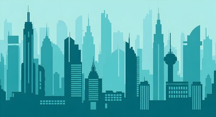 Modern city skyline silhouette with diverse skyscrapers in teal and blue hues