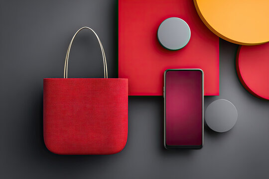 Red handbag and smartphone on dark gray background with colorful geometric shapes and copy space