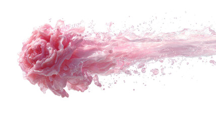 Pink rose explosion, trailing a cloud of tiny droplets