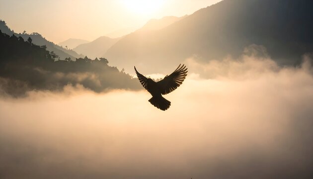 Majestic bird soaring over misty mountains at sunrise, capturing the beauty of nature's tranquility - Powered by Adobe