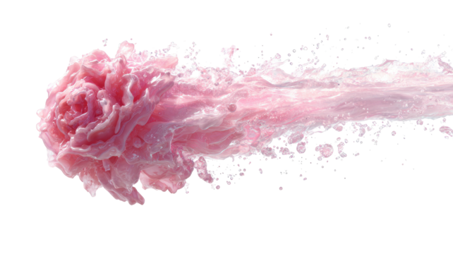 Pink rose explosion, trailing a cloud of tiny droplets