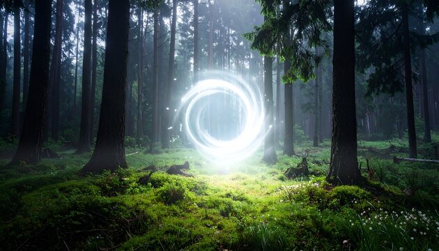 Enchanted forest scene with a glowing portal surrounded by tall trees and lush greenery, evoking magic