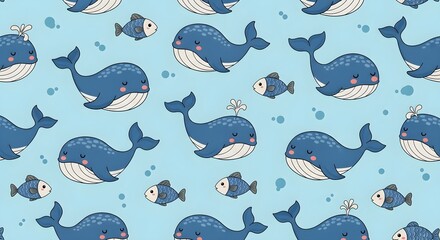 Cute cartoon whales and fish swimming in a vibrant blue ocean, whimsical underwater pattern.