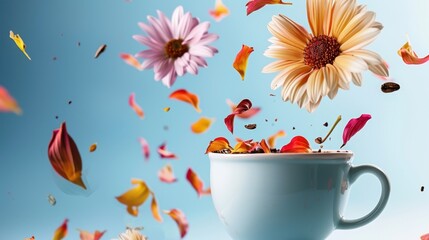 A light blue cup surrounded by colorful flower petals and blossoms. The scene conveys a sense of freshness and springtime beauty.
