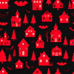 A seamless pattern featuring red houses, bats, and trees on a black background. These spooky elements create a festive and repeating design