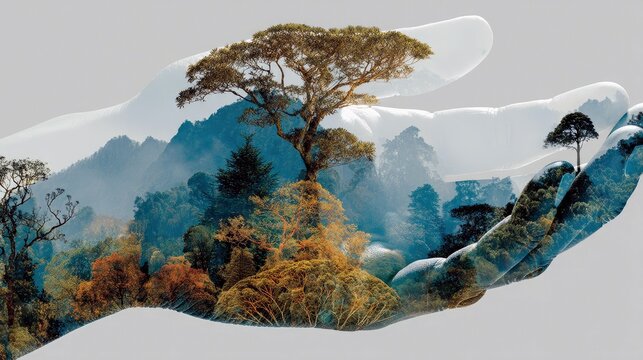 A surreal double exposure image depicts a forest landscape with trees and mountains superimposed onto a pair of cupped hands. - Powered by Adobe