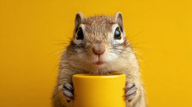 A charming golden-mantled ground squirrel is holding a vibrant yellow cup. Its expressive eyes and tiny paws add an endearing touch to this portrait against the backdrop of a yellow background.