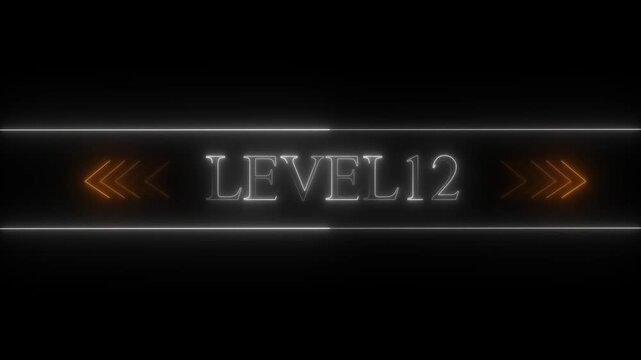 Neon Level 12 Text with Orange Chevron Arrows and Horizontal Lines on Black Background sign game
