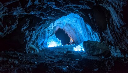Stunning ice cave illuminated by blue light, showcasing unique rock formations and glacial textures