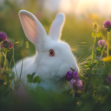 Conejo Blanco Saboreando la Primavera