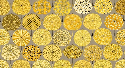 Whimsical yellow umbrellas with diverse patterns create a cheerful and bright backdrop, perfect for seasonal themes.