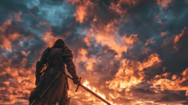 Armored warrior raises a gleaming sword toward a dramatic, fiery sunset filled with clouds, aflame!!