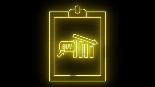 Yellow neon icon of declining graph on clipboard w BUY button Black background
