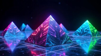 Neon pyramids pulsating with vibrant energy, a futuristic landscape perfect for technology branding and modern designs, radiating a captivating glow