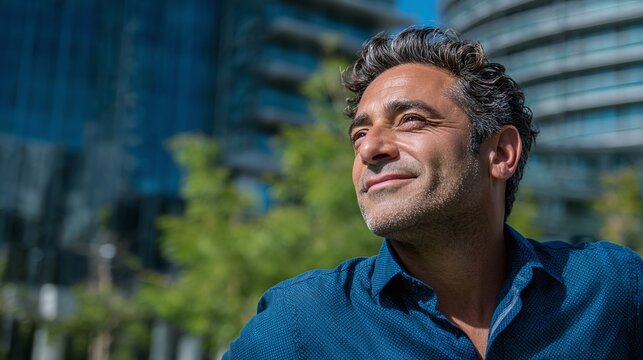 An appealing man looking towards the horizon in an urban garden, conveying a feeling of success and hope in an outdoor setting with modern architecture in the background.