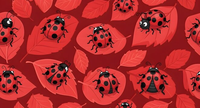 Cute ladybugs on red leaves seamless pattern, playful insect cartoon background - Powered by Adobe
