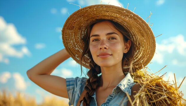 Young woman in a straw hat poses confidently in a golden wheat field under a blue sky with clouds - Powered by Adobe