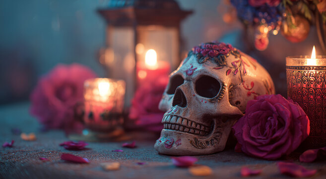 Skull candle rose altar Calm skull candle rose altar with soft bokeh and warm glow - Powered by Adobe