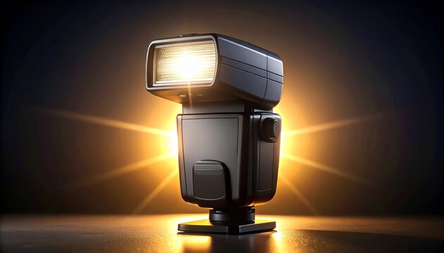 Professional camera flash unit with bright light burst on dark background