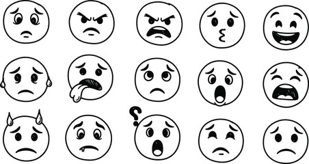 Set of eight simple outline emoji faces displaying various emotions.