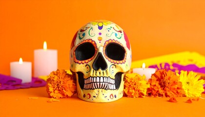 A vibrant Mexican sugar skull decorated with colorful floral patterns and marigold flowers, symbolizing the Day of the Dead (Día de los Muertos).
