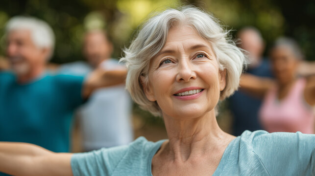 elderly people doing yoga in park, enjoying outdoor activities with friends and family for health and wellness. smiling senior woman engaging in the concept of fitness, appealing to a group of elderly