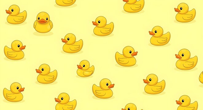 Seamless pattern of cute yellow rubber ducks on a light yellow background, perfect for children's designs.