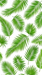A seamless, repeating pattern featuring vibrant green palm leaves on a clean white background. Realistic botanical elements
