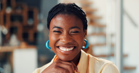 Portrait, black woman and relax with smile at house for peace, calm morning and positive attitude....