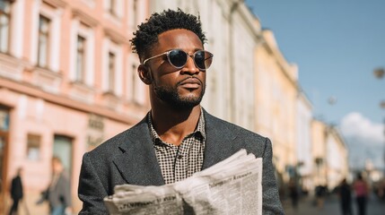 Urban Sophistication: Stylish man in sunglasses, strolling down a city street with a newspaper. Tailored jacket and chic sunglasses elevate his look. #UrbanStyle #CityLife
