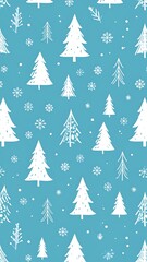 A seamless, vertical, and simple pattern featuring white stylized evergreen trees and snowflakes on a teal background