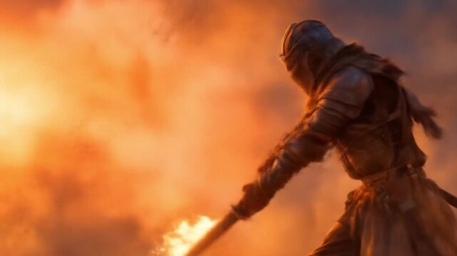 A hooded warrior strides through blazing flames and smoke, sword flashing in firelight, ominous,ash