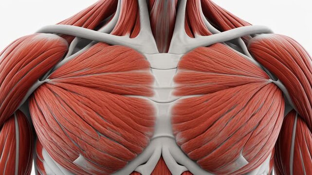 Anatomical view of the human pectoralis major chest muscles in 3D render