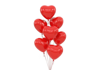 Vibrant red heart shaped balloons floating romantic celebration isolated on transparent background
