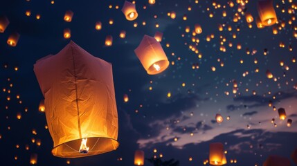 Orange sky lanterns floating at night with dark blue sky and scattered clouds, symbolizing celebration and hope.