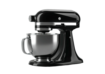 Sleek black stand mixer with metal bowl, studio isolated