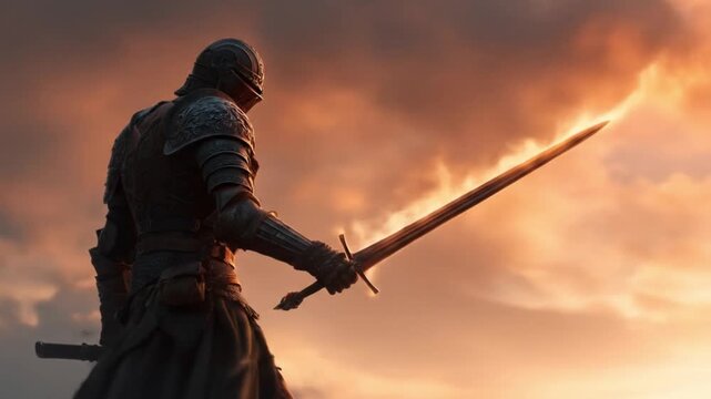 Armored knight raises a long sword against a dramatic orangey sunset, silhouette bold! and resolute