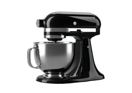 Sleek black stand mixer with metal bowl, studio isolated