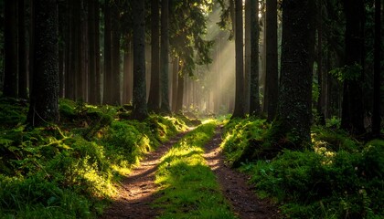Obraz premium Sunlit Path Through a Mystical Forest Landscape.
