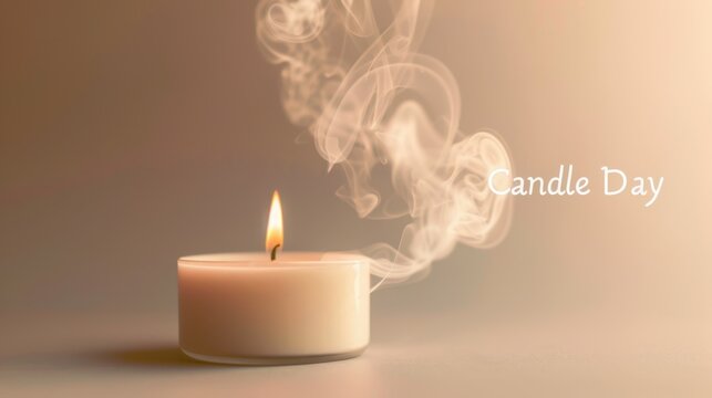 A lit white candle emits soft light and smoke against a neutral background. The scene evokes a sense of calm and tranquility, suitable for relaxation or meditation.