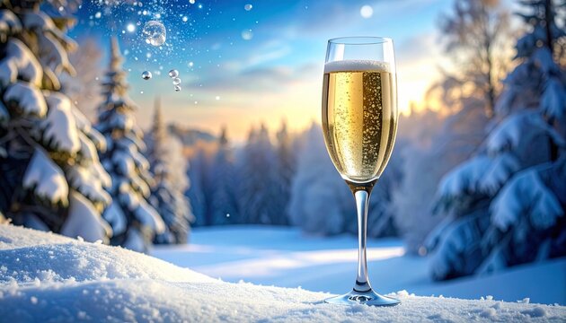 Champagne flute on snowy landscape with green aurora and evergreen trees under blue sky showcasing festive elegance and natural winter beauty