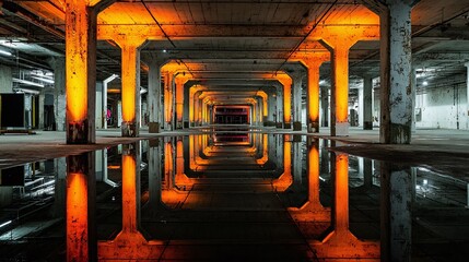 Fototapeta premium A mesmerizing view of pillars reflecting in water, bathed in warm orange light. An abandoned warehouse showcases architectural beauty with a touch of mystery.