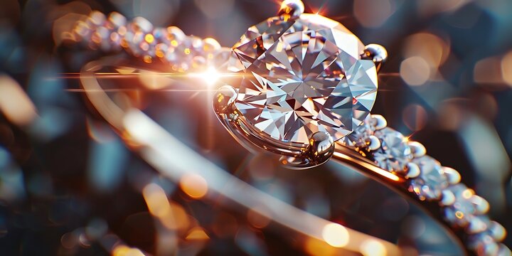 Sparkling diamond engagement ring with intricate band, symbolizing love and commitment.