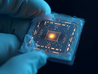 Gloved hand holding a sensor fusion chip, accelerometer‑gyro‑compass integrated, MEMS marvel, motion intelligence