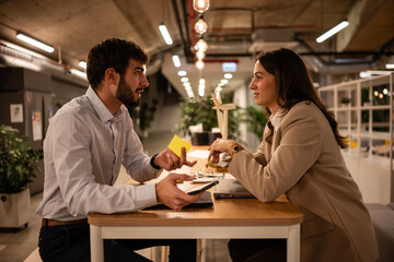 Colleagues collaborating on business strategy in modern office