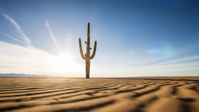 Solitary cactus stands in a desert of rippled sand under a sunny blue sky