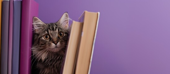 A fluffy gray tabby cat peeks between colorful books on a purple background. The cat has bright eyes and a curious expression.