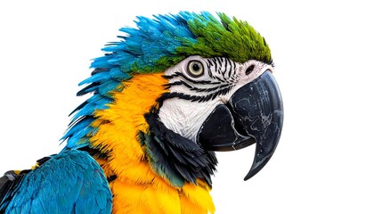 A vibrant parrot portrait, featuring blue, gold, and green plumage