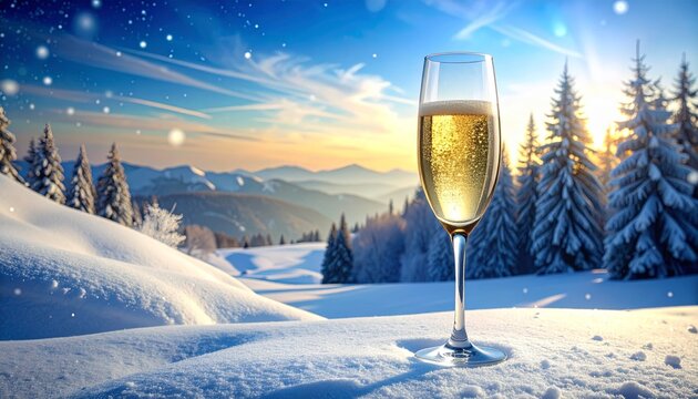 Champagne flute on snowy landscape with green aurora and evergreen trees under blue sky showcasing festive elegance and natural winter beauty