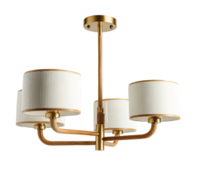 Elegant chandelier with four white lampshades on wooden and golden frame